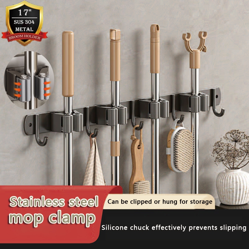Stainless Steel Mop Holder Wall Mounted Broom Organizer Multifunction ...