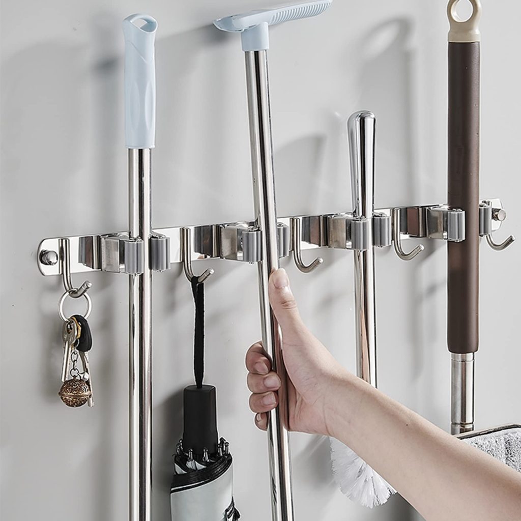 4 Clips and 5 Hooks Broom Rack Garden Tool Storage Box Wall Mount Mop ...