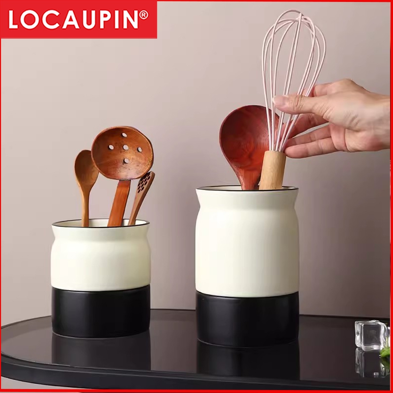 Locaupin Kitchen Utensil Holder Ceramic Utensil Organizer With Drain 