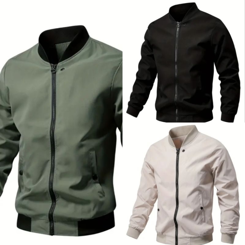 bomber jacket Solid Long Sleeve Zip Up Sports Jacket With Multiple ...