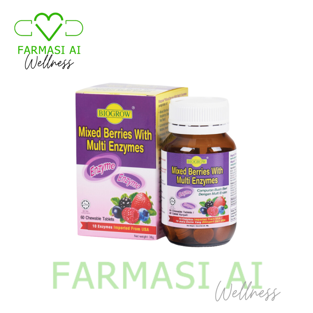 Biogrow Mixed Berries with Multi Enzymes 60 Chewable Tablets (Exp 07/