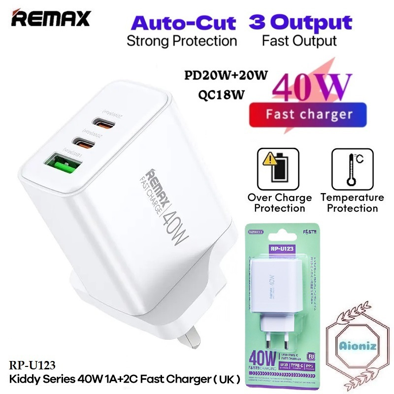 💯 ORIGINAL REMAX RP-U123 Charger Adapter 40W Fast Charging 20W+20W 1A ...