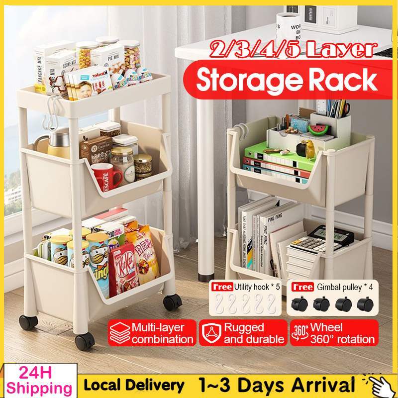 3/4/5 Tier Storage Rack With Wheels Trolley Cart Movable Book Shelf ...