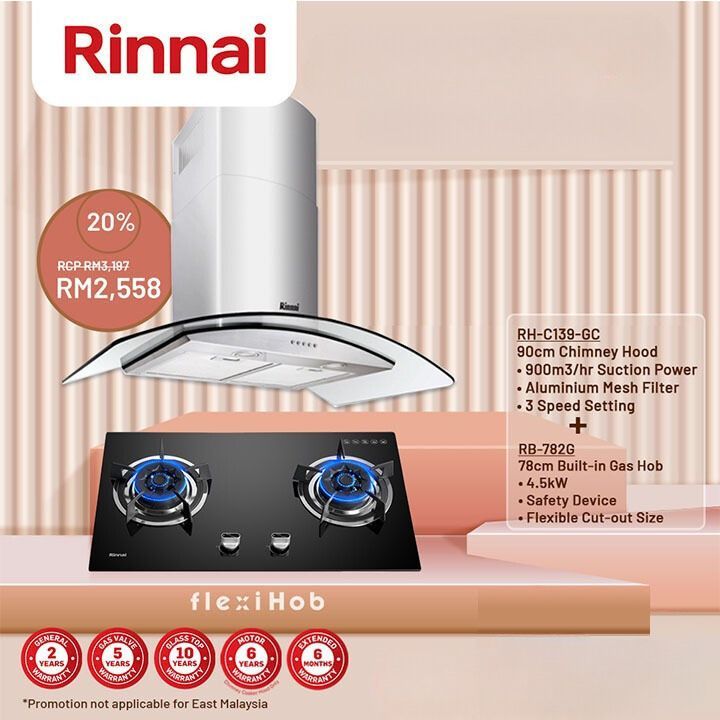 RINNAI RH-C139-GC 3 Speed Settings 90cm Chimney Hood + RINNAI 78cm Gas ...