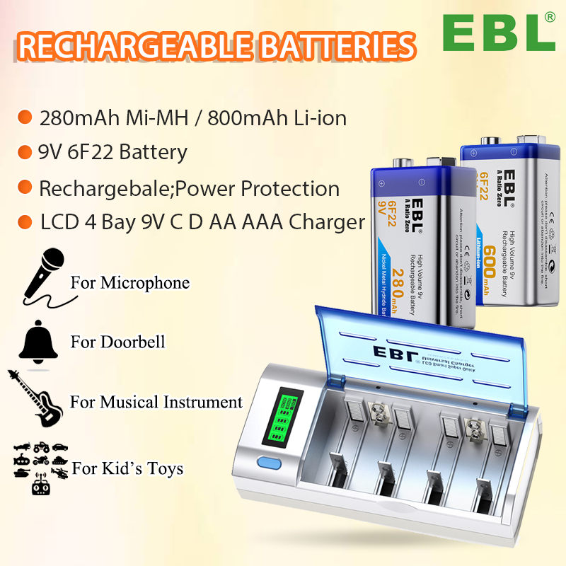 5 Pack EBL 9V 600mAh Rechargeable Batteries Li-ion With 5 Bay 9V Battery Charger - Foto 2