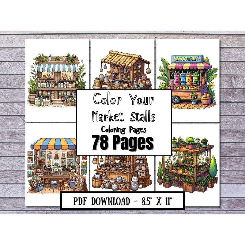 Color Your Market Stalls, Coloring Pages for Kids and Adults - 78 Pages ...