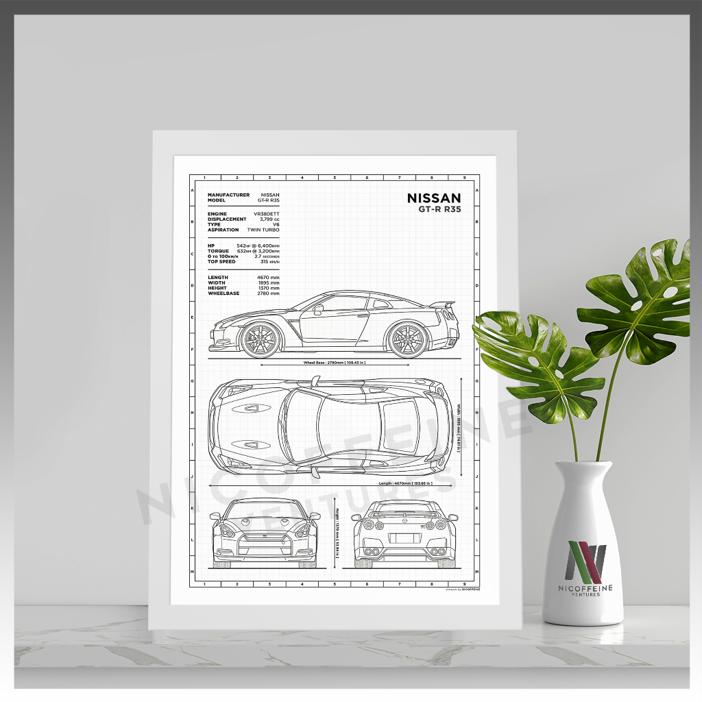 [Poster Only] Nissan GT-R R35 VR38DETT Godzilla Minimal Car Blueprint ...
