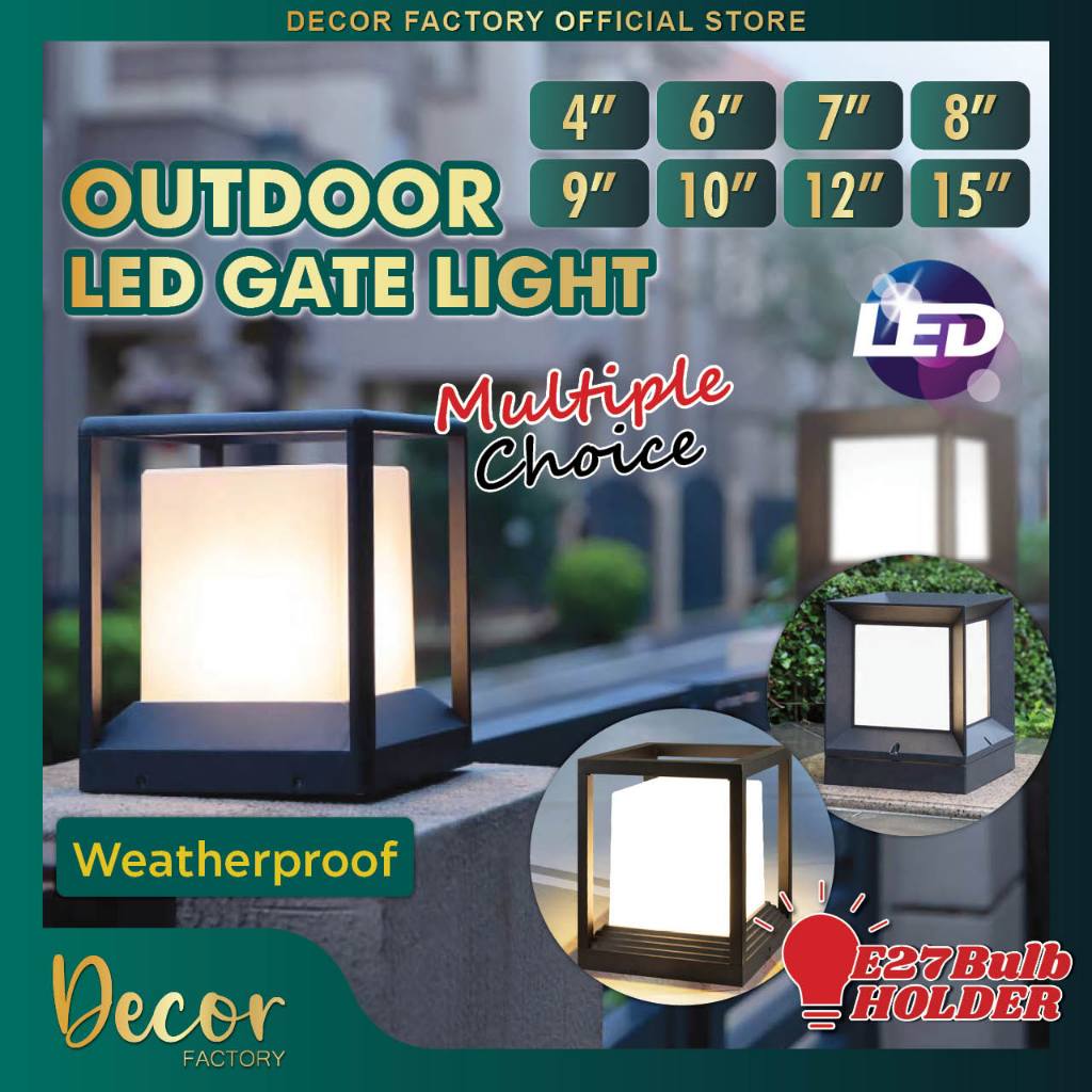 Outdoor Gate Light E27 Modern Black Cube Weather Proof Pillar Light ...