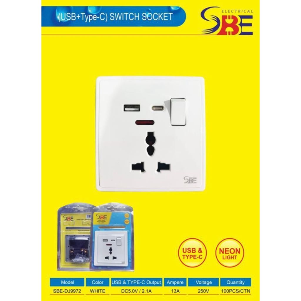 SBE 1 USB + 1 TypeC Switch Socket Universal 13A c/w Neon Light | Shopee ...