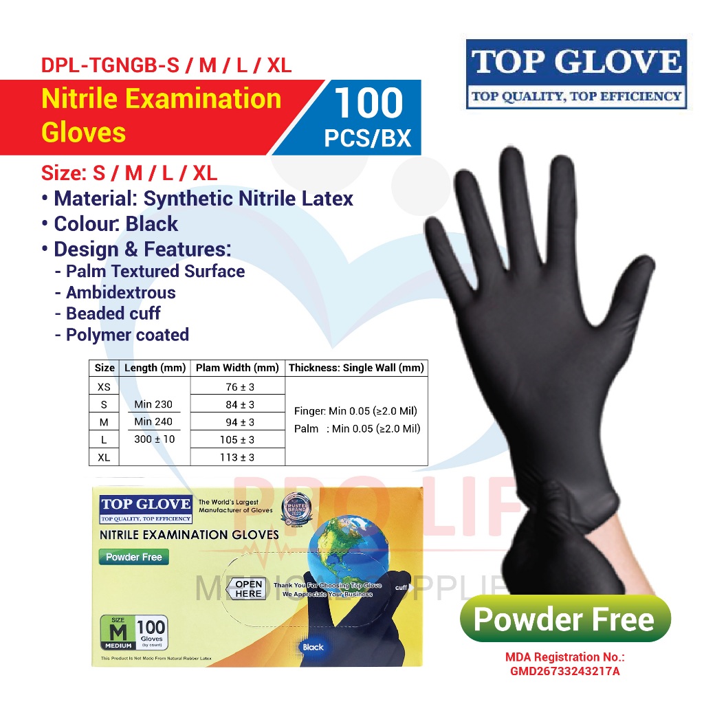 Top Glove Nitrile Powder Free Black Examination Gloves Black (100 Pcs