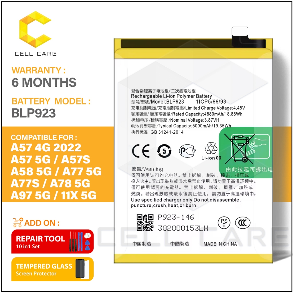 Batteria BLP923 Di Ricambio Per O-ppo A77 5G / A57 5G / A97 5G - 4850 MAh Con Toolkit