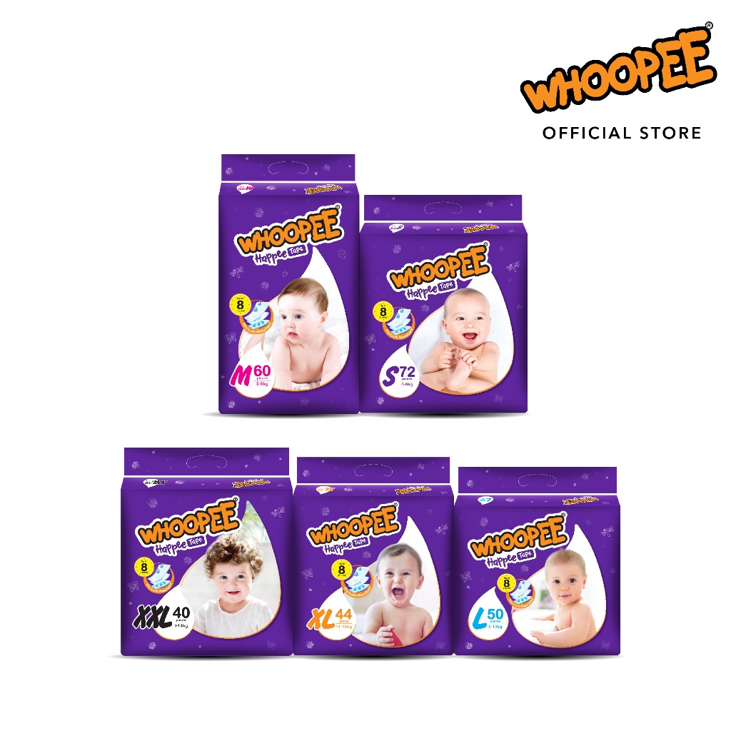 Whoopee Mega Tape Diapers Baby Size S (72 #39 s)/M (60 #39 s)/L (50 #39 s)/XL (44