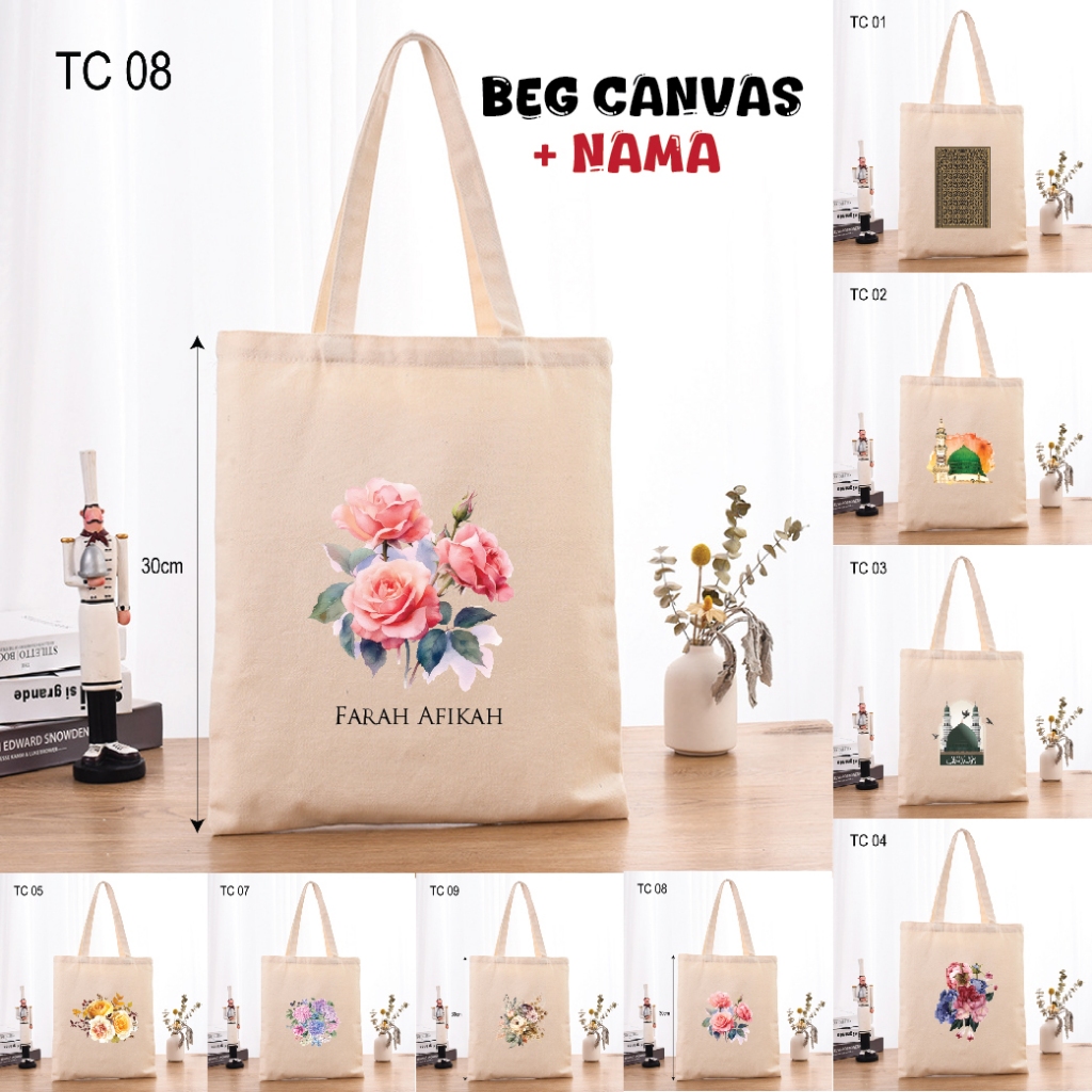 Canvas bag tote bag beg telekung beg tuition printed with name Shopee Malaysia