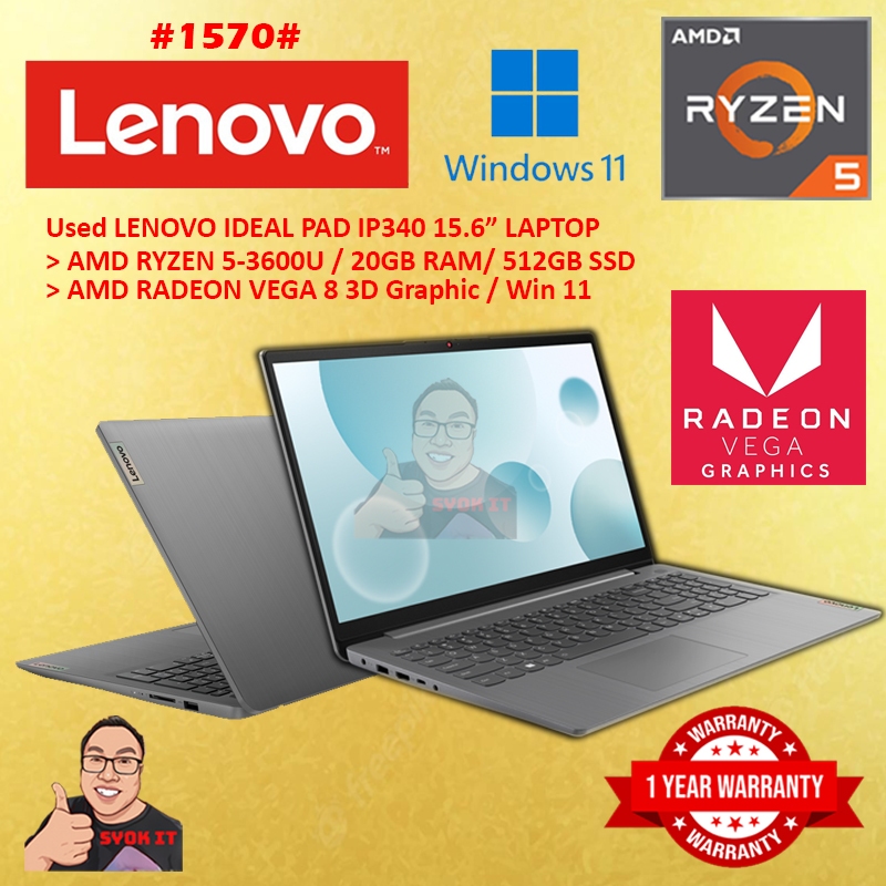 #1570 USED LENOVO IDEAPAD IP340 SLIM LAPTOP AMD RYZEN 5-3600U 20G ...