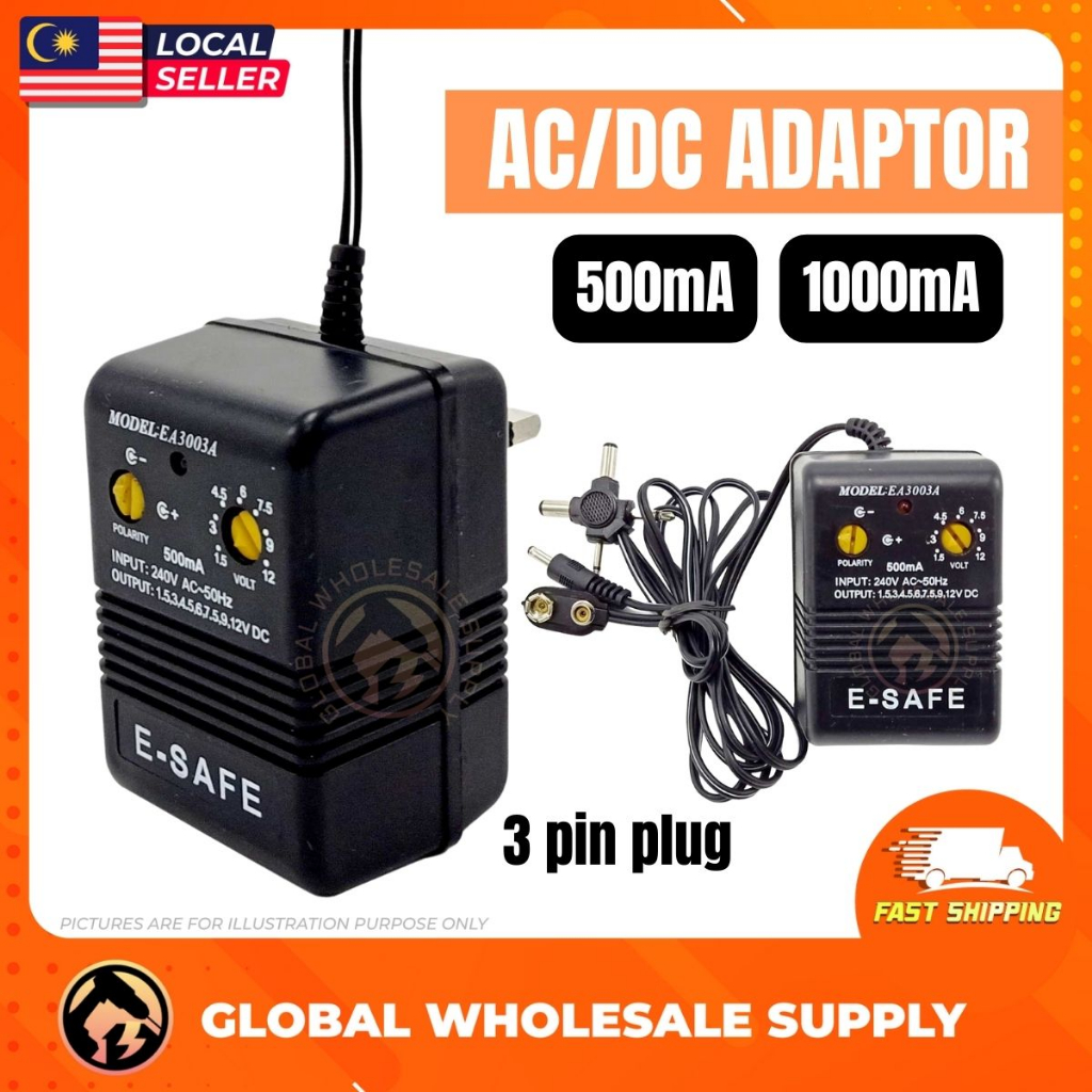 500mA/1000mA AC DC / AC to DC Converter Adapter Charger, 3 pin plug, 1 ...