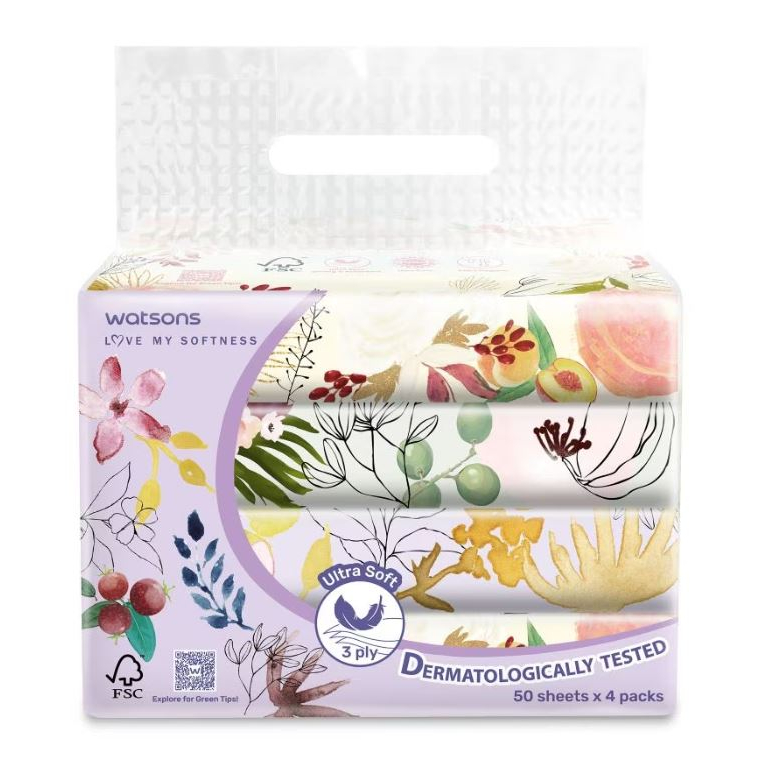 Watsons XFlower Velvety Soft Travel Tissues 50sx4packs 3Ply Ultra Soft