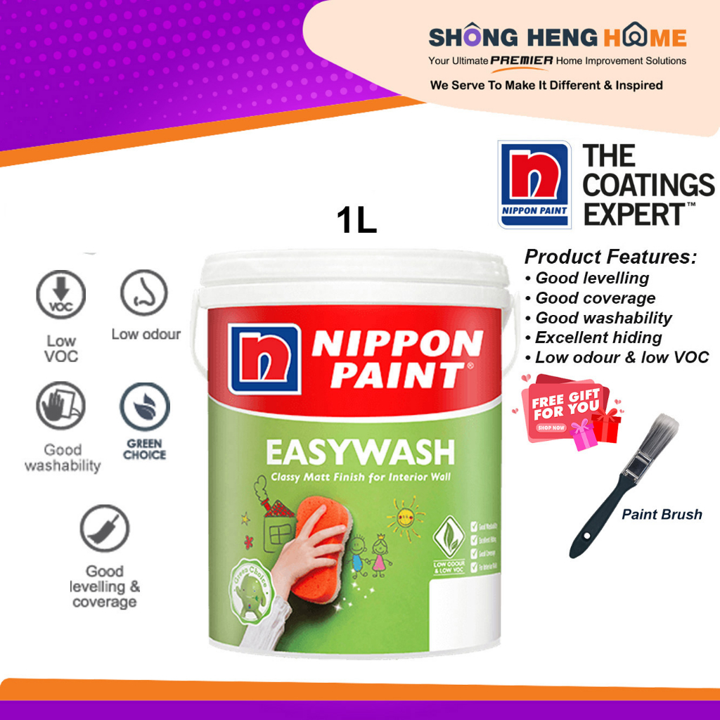 1L Nippon Paint Interior Wall Easy Wash Brilliant White 1001 + Freegift