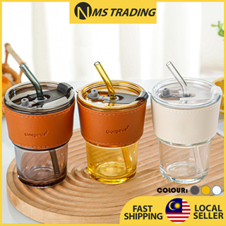 400ML Coffee Cup Glass Mug Cups with Lids and Straws Leakproof Kawaii Cup  Beautiful Tea Mugs Leather Cup Sleeve Drinkware