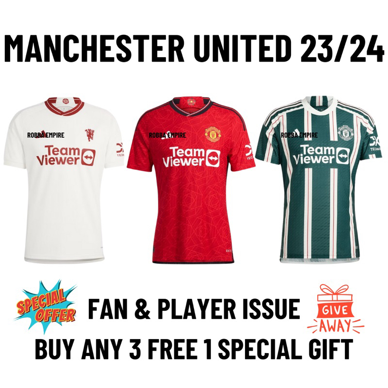 Mostly J&T) 23/24 Manchester United Jersey 22 23 24 Home Away Third Player  & Fan Issue Man Utd Jersey Baju MU 2023 2024