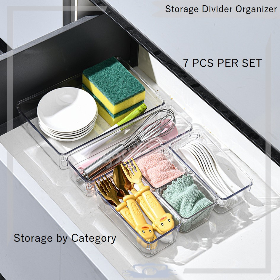 7pcs Acrylic Storage Box Set, Drawer Divider, Plastic Transparent