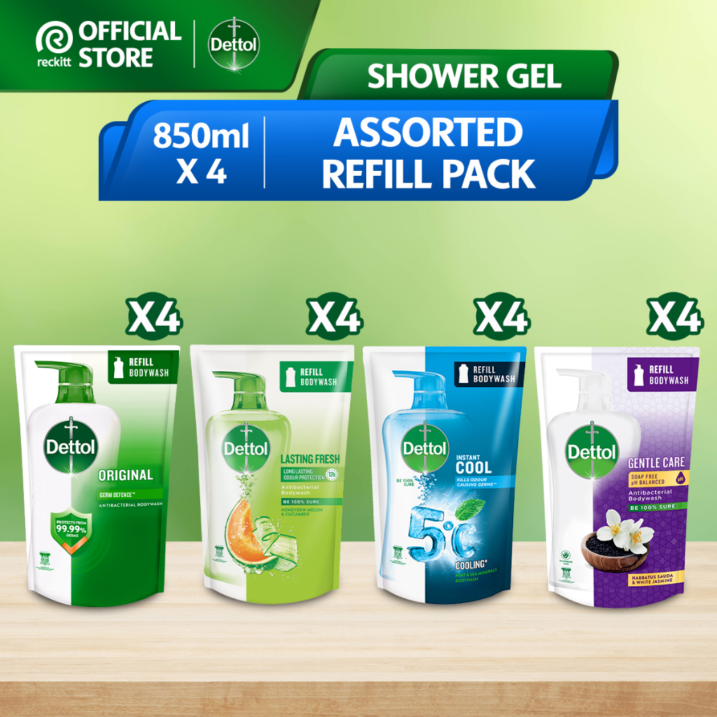 Dettol Antibacterial Shower Gel Body Wash Refill Pouch (850ml x 4