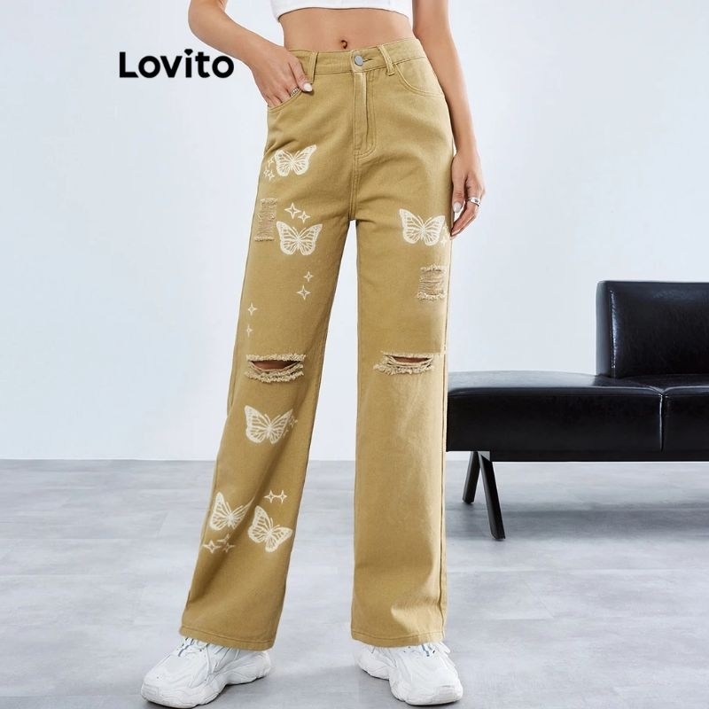 Women Ripped Wide Leg Butterfly Print Jeans Lovito(Khaki)