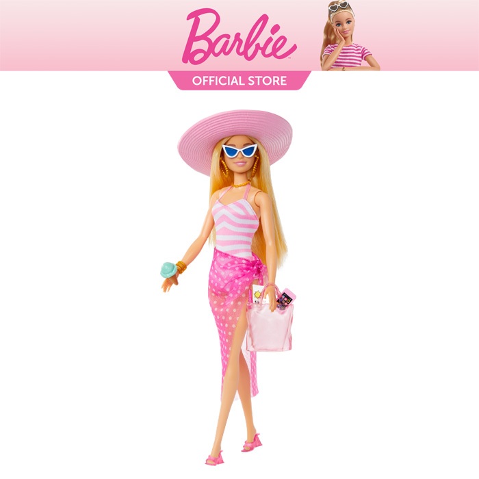 Blonde Barbie Doll With Swimsuit And Beach Themed Accessories Hpl73