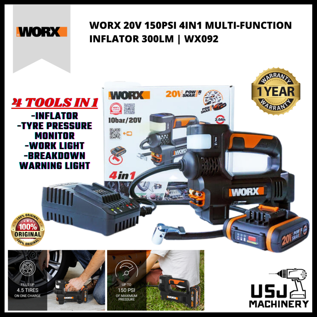WORX 20V 150PSI 4in1 Multi-Function Inflator 300LM WX092 C/W 3 Bits ...