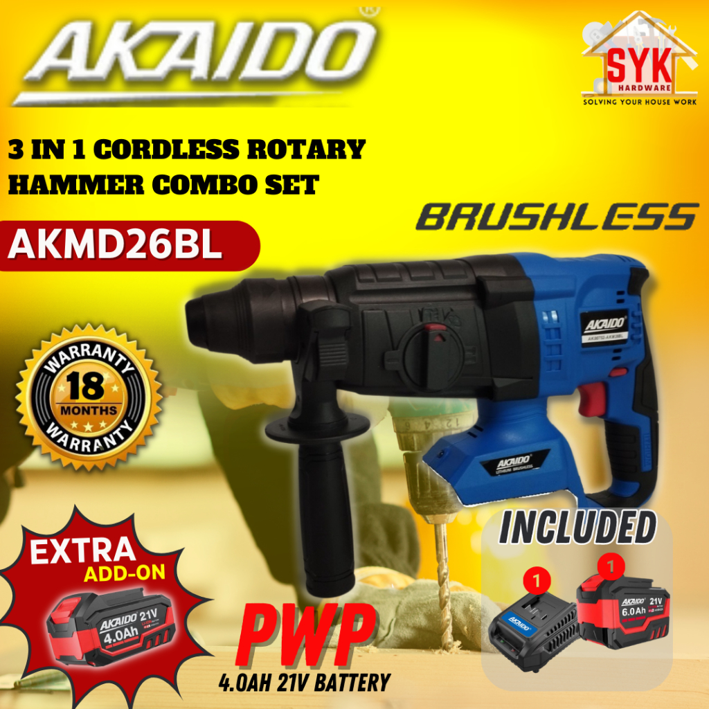 SYK Akaido AKMD26BL Cordless Brushless Rotary Hammer Combo Set Hammer ...