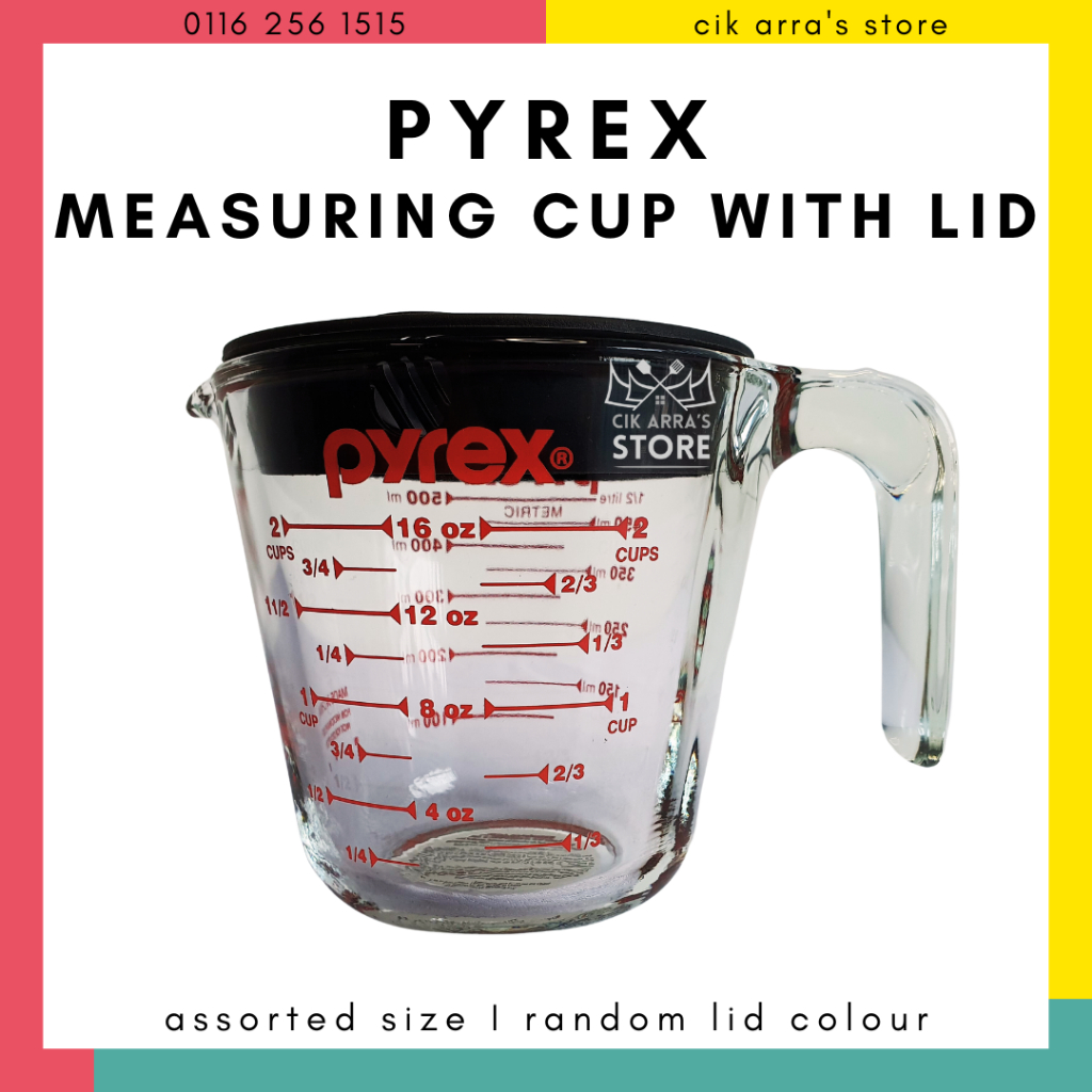 Pyrex Glass Measuring Cup Jug Jar with Random Coloured Plastic Lid