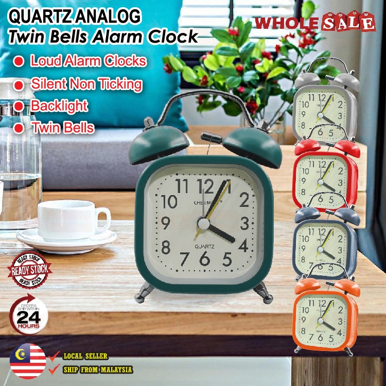 Mini Square Alarm Clock Retro Analog Twin Bell with Backlight Loud
