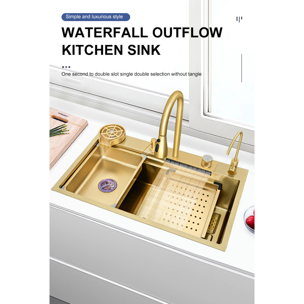 [BUY 1 FREE 10 GIFTS] Waterfall Kitchen Sink Gold 304 Stainless Steel 7845 Waterfall Sink Set