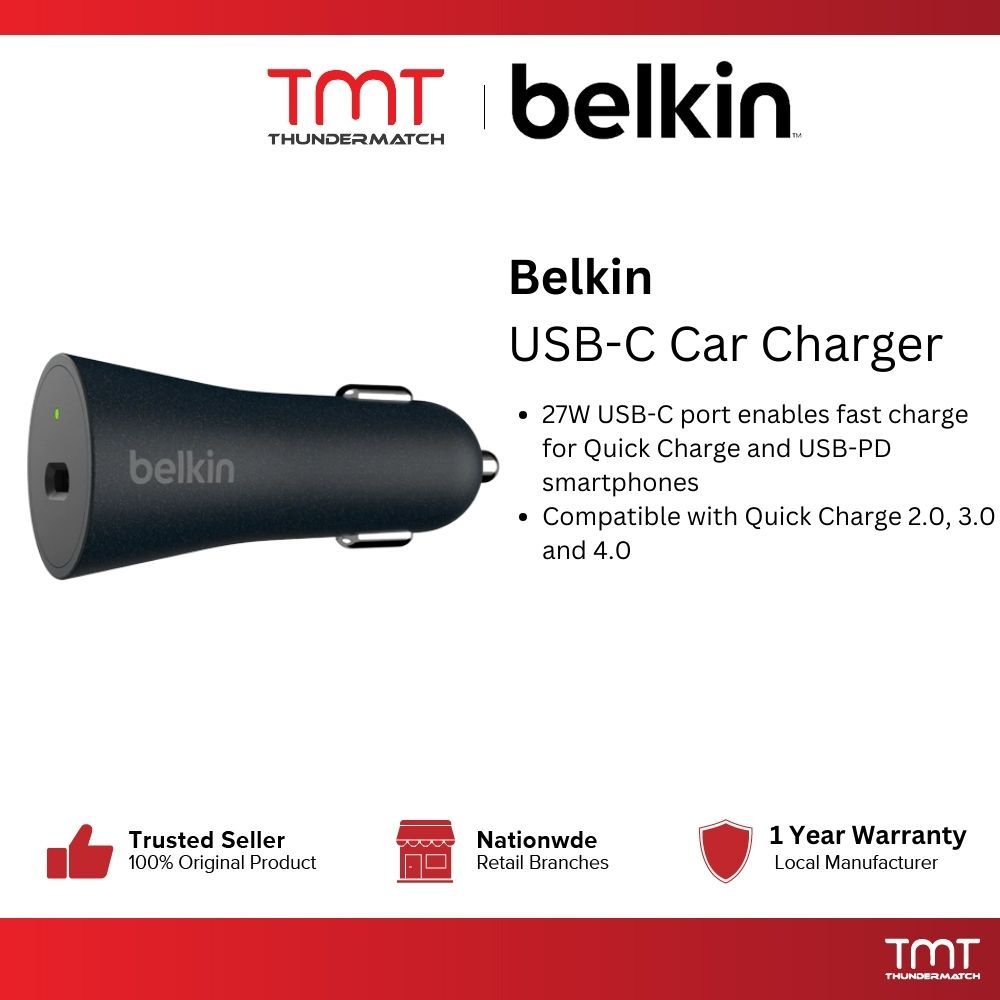 Belkin Car Charger Dual USBC / 1 USBA & 1 USBC USB C 1 Years