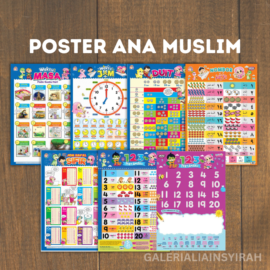 Poster Pertamaku Nombor Arab Jam Waktu Sifir ABM Alat Bantu Mengajar ANA MUSLIM Shopee