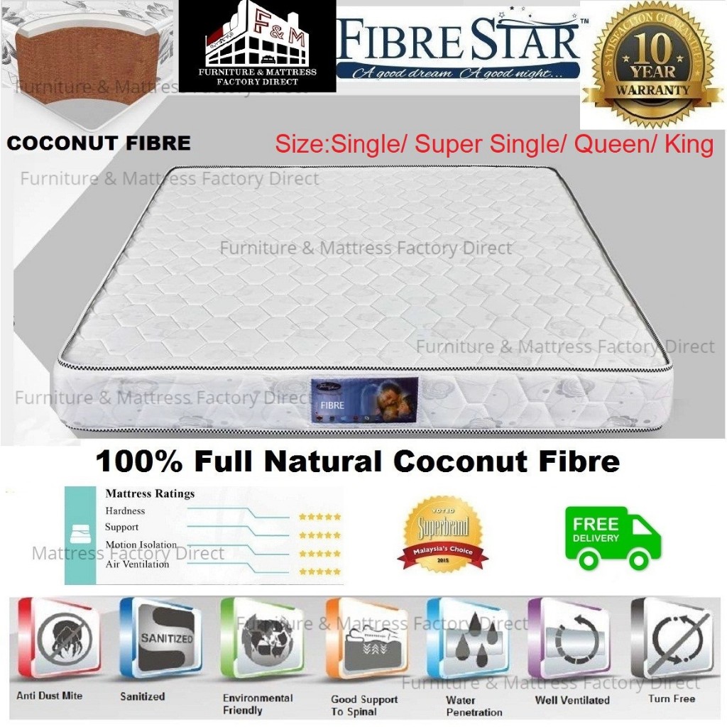 Fibre Star 100% Full Coconut Fibre Single/S.Single/Queen/King Size Mattress/Tilam Fiber Sabut (10 Years Warranty)