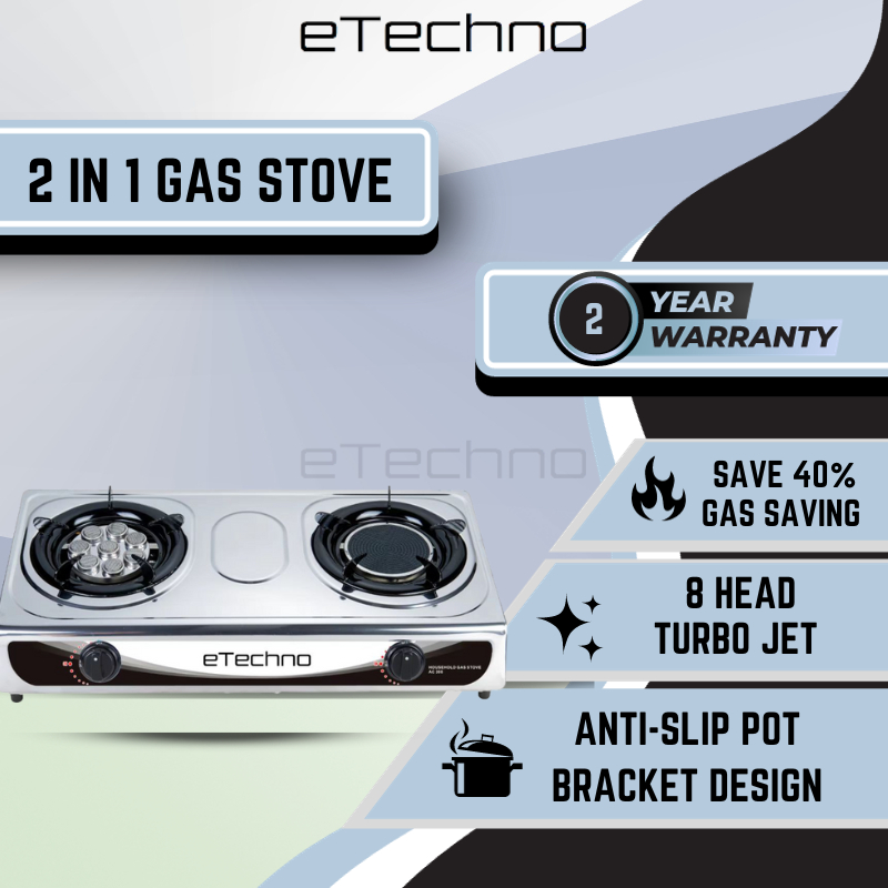 eTechno Dual Gas Stove Hybrid 8 Jet Head Nozzle Stainless Steel