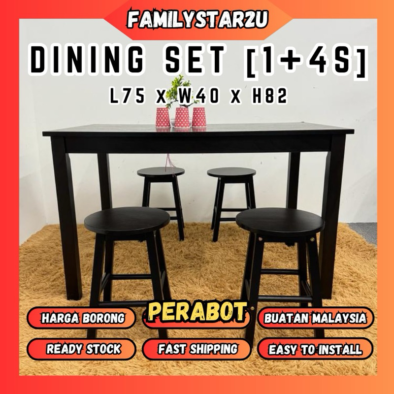 ️familystar2u - Solid Wood Kopitiam Dining table Set 4 Stools Meja ...