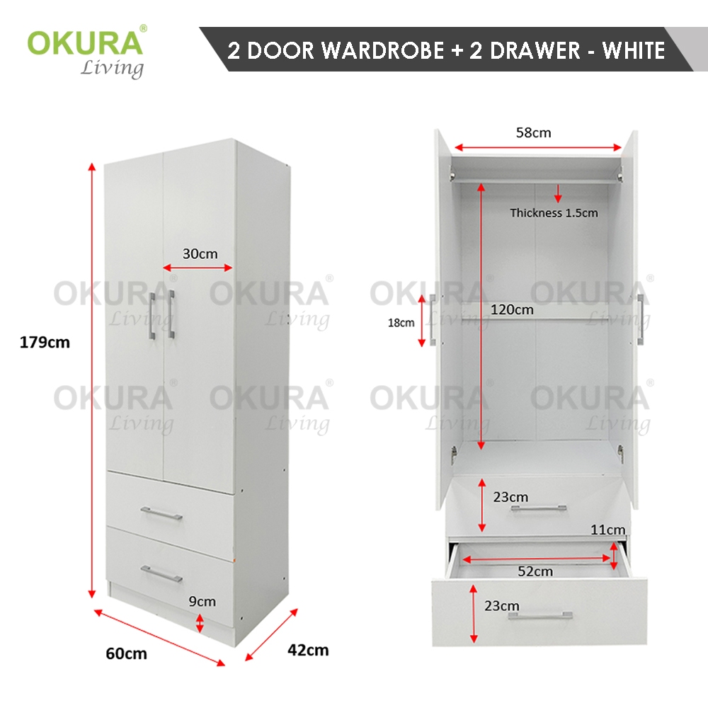 OKURA Modern 2 Door Wooden Wardrobe with Hanging Rod and Compartment ...