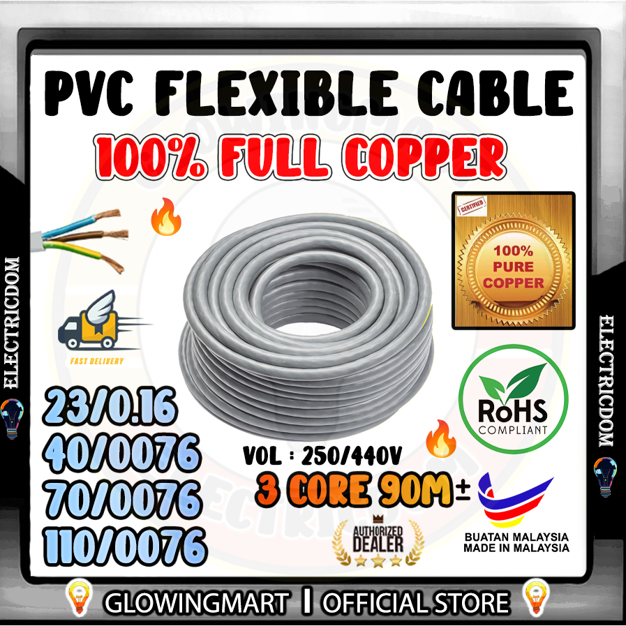 100% FULL COPPER 3 Core Flexible Cable 100/0076, 70/0076, 40/0076, 23/ ...