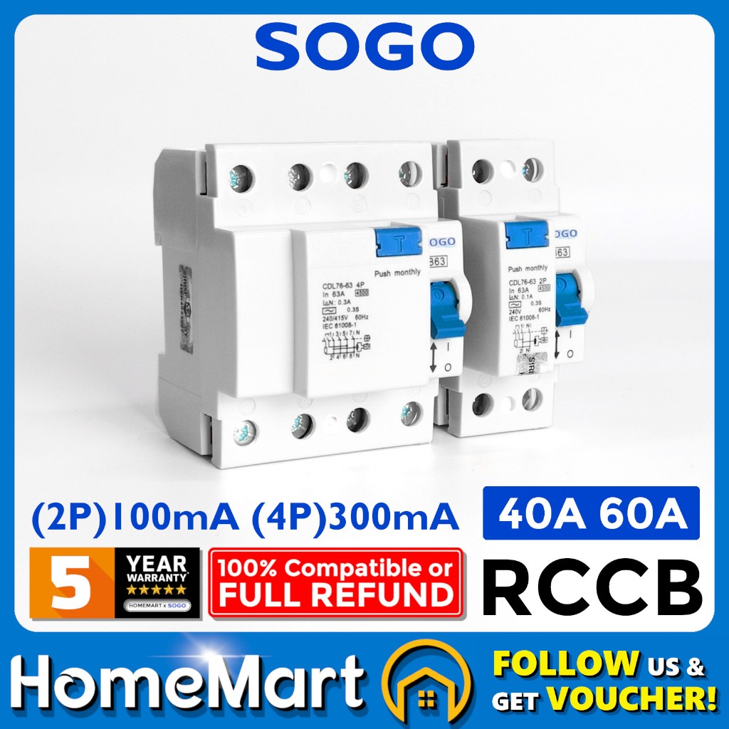 SOGO RCCB 40A 63A Residual Current Circuit Breaker ELCB 2 Pole 4 
