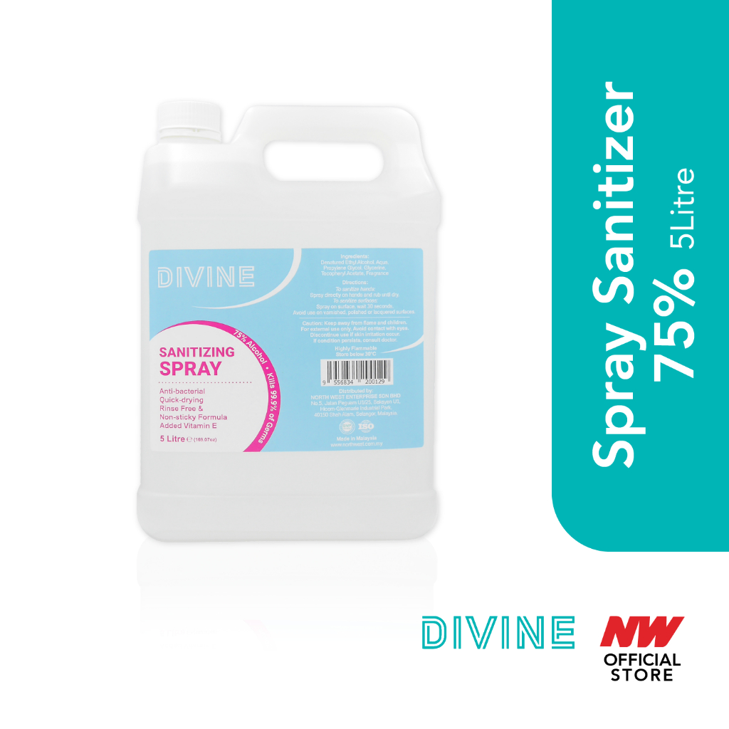 Ready Stock Divine Spray Sanitizer 5 Litre (Liquid) 75Alcohol,Non