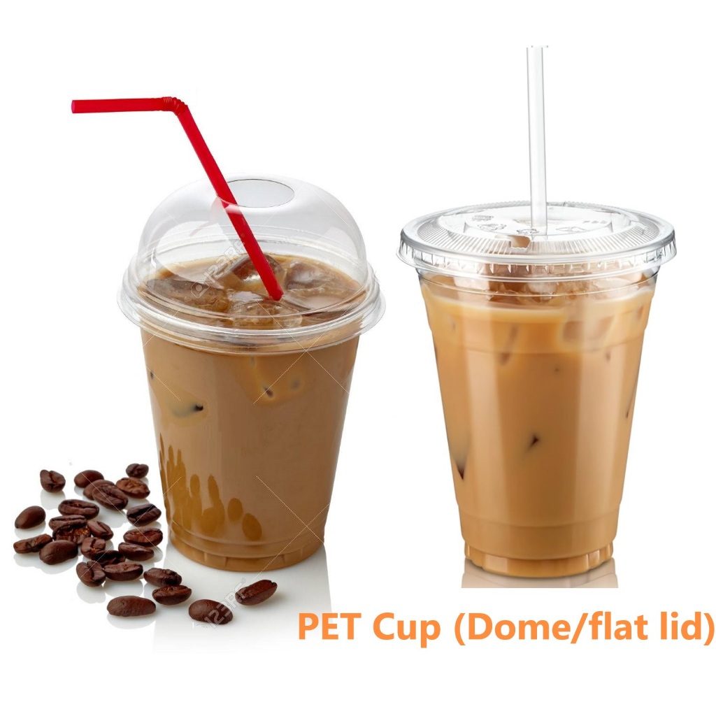 PET Cup Iced Coffee Latte Bubble Milk Tea Boba Flat Dome Lid Disposable Takeaway Drink Cawan