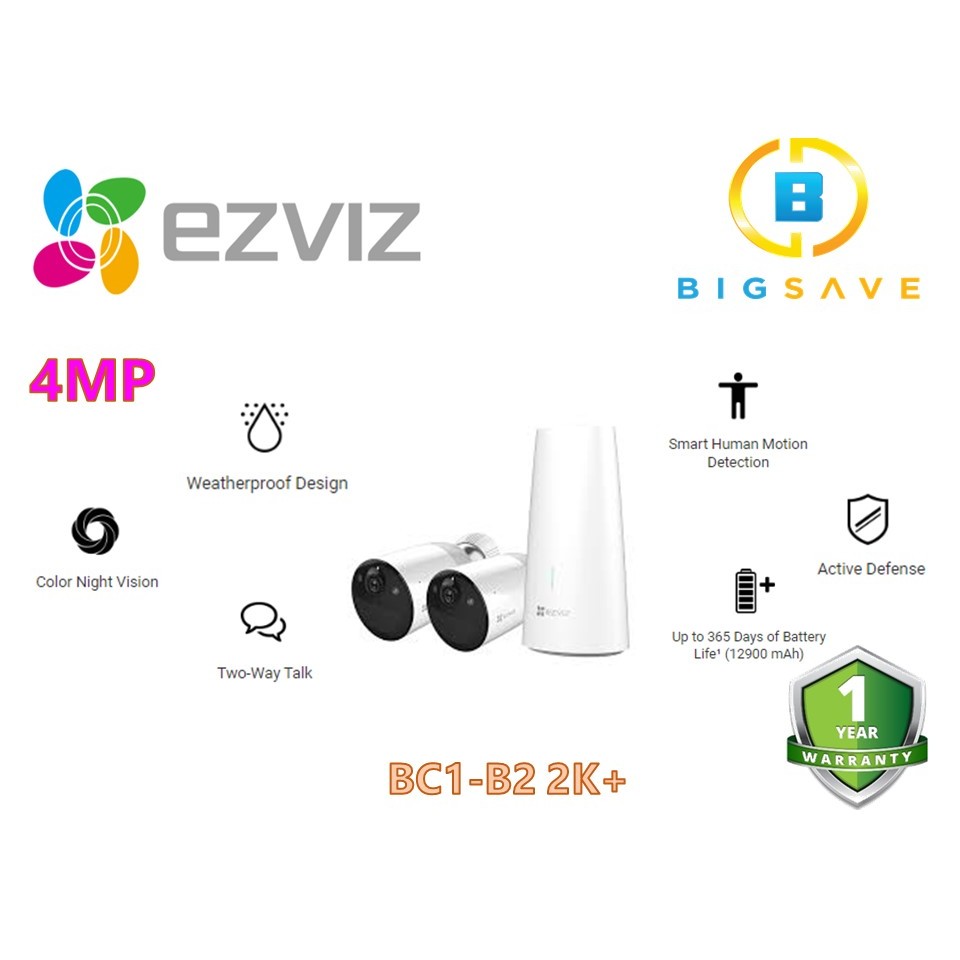 EZVIZ 4MP BC1-B2 2K+ WIRELESS BATTERY-POWERED CAMERA KIT CAMERA ...