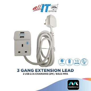 Masterplug 2 USB 2.1A Charging 3 Gang 13amp Extension Lead (2M) B3U2-MPA