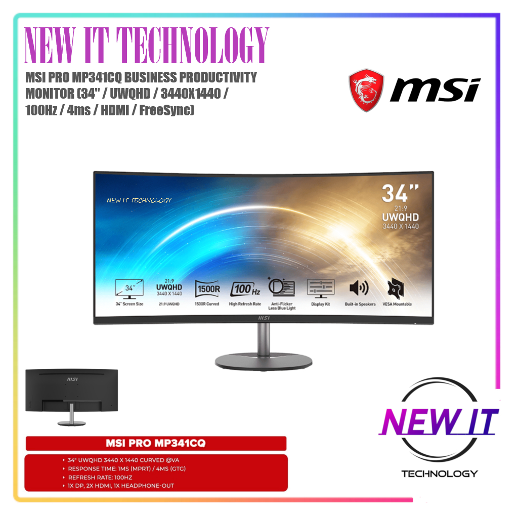 MSI PRO MP341CQ BUSINESS PRODUCTIVITY MONITOR (34'' / UWQHD / 3440X1440 ...