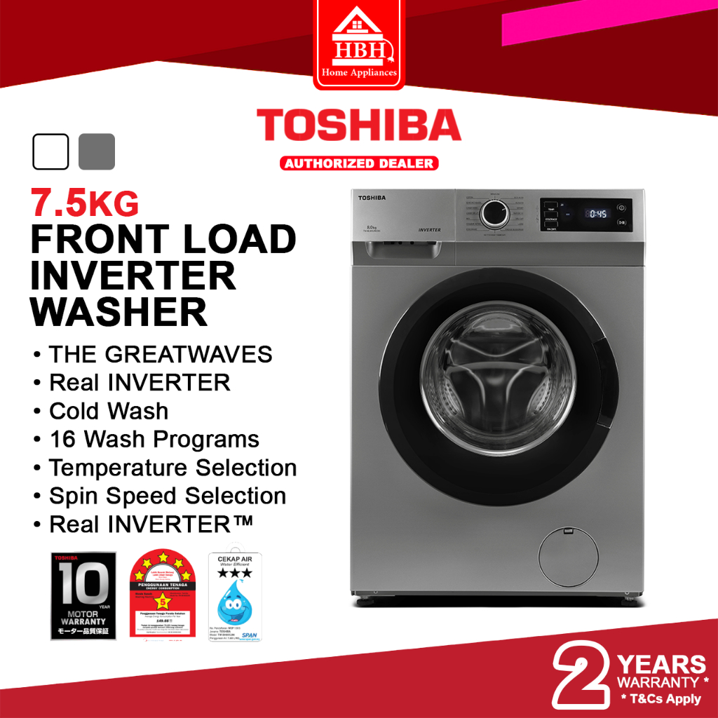 Toshiba TWBH85S2M 7.5kg Real Inverter Greatwaves Front Load Washing
