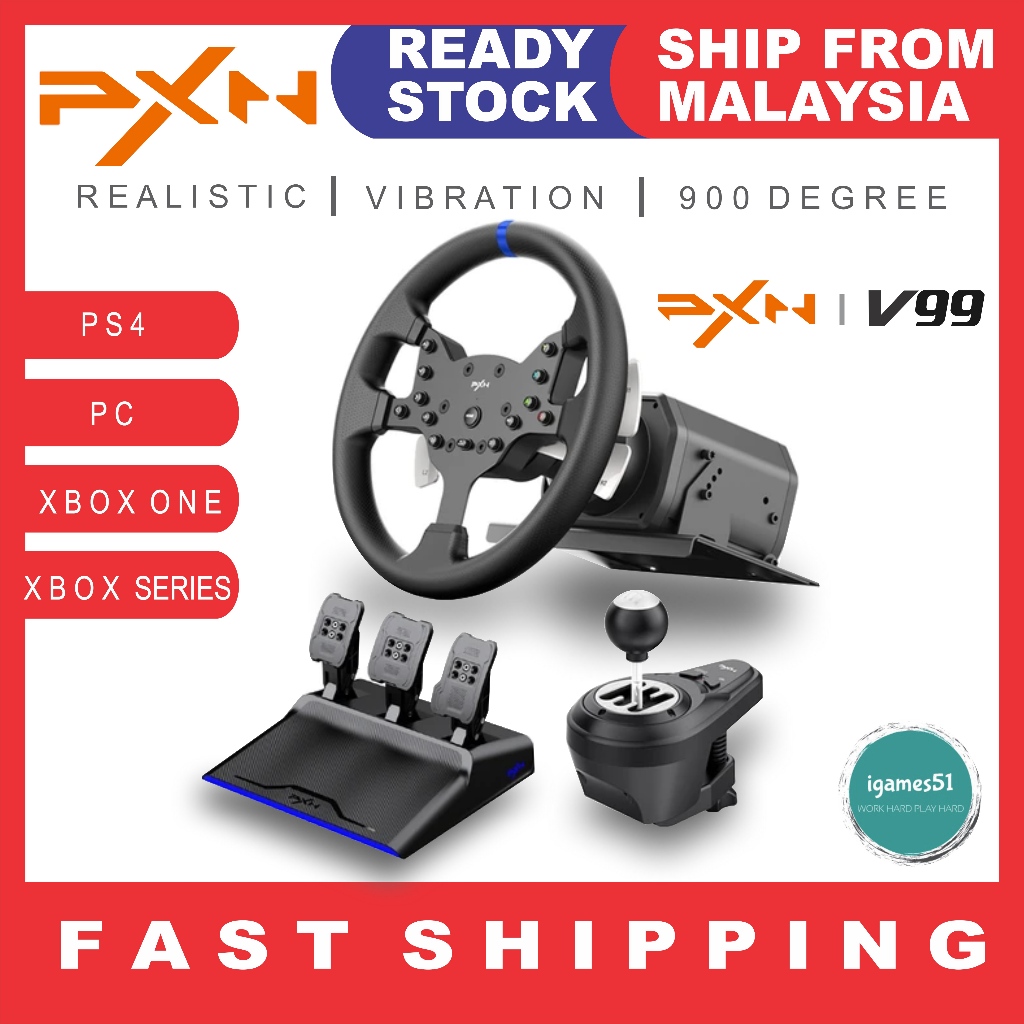 PXN V99 GAMING STEERING WHEEL PEDAL GEAR SHIFTER VIBRATION RACING WHEEL