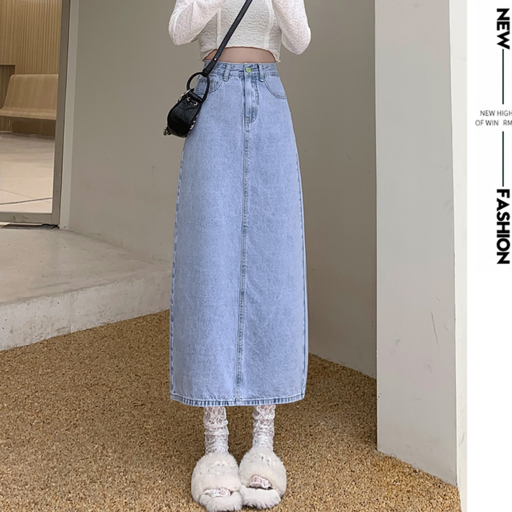 Denim Skirt Women Summer Retro High Waisted Skirt Wanita Mid