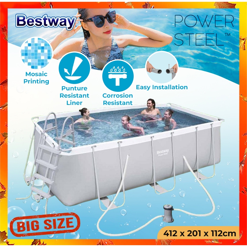 BESTWAY 56456 Power Steel Outdoor Rectangular Family Swimming Pool ...