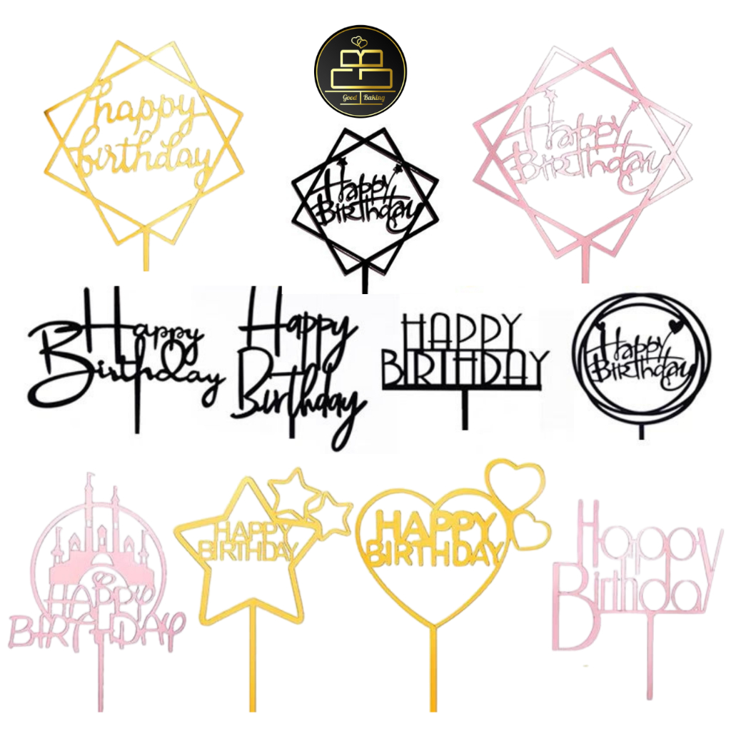 Shiny Acrylic Happy Birthday Cake Topper Gold Pink Black / Topper Kek ...